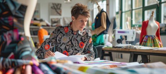 Fashion Designer Creating New Collection in Bright Studio with Fabrics, Mannequins, and Sewing Tools