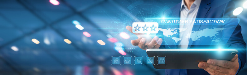 Poster - businessman using tablet analyzing customer satisfaction trends and feedback, monitoring service qua