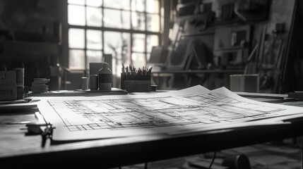Poster - Blueprint on a Table in a Room with a Window