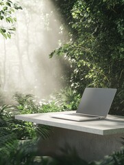 Poster - A sleek laptop rests on a simple table, encompassed by vibrant foliage, illuminated by soft, natural light filtering through trees. Generative AI