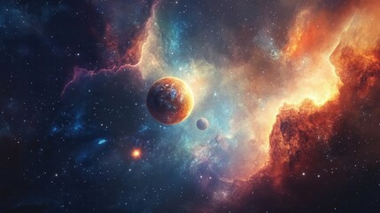 Universe, galaxy, space background. Nebula, planets, starts, suns, and planets colorful wallpaper. Science, astronomy telescope view.