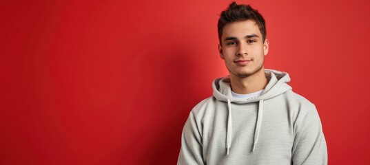 Casual Young Man in Light Grey Hoodie Against Bold Red Background for Modern Design