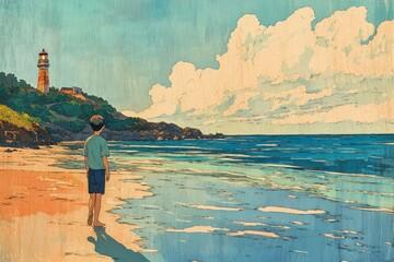 Poster - a painting of a man standing on a beach next to the ocean