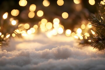 Poster - A blurred background of Christmas lights with snow on the ground, with space for product display or text in the foreground Generative AI