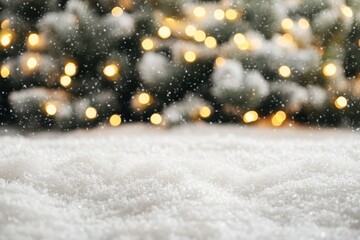 Poster - Close-up of white snow with a blurred Christmas tree and lights in the background, a banner for product display Generative AI