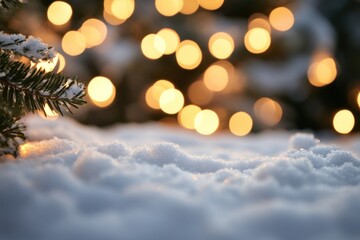 Poster - Close-up of white snow with blurred Christmas tree lights in the background Generative AI