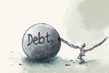 Illustration of a young man breaking free from heavy chains labeled 'Debt', symbolizing financial freedom and relief.