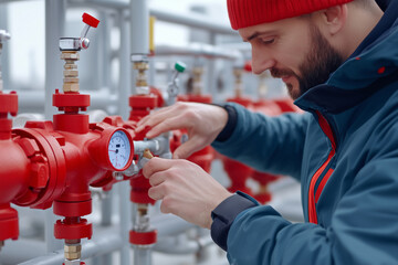 Poster - Engineer fine-tunes control mechanisms on industrial piping in winter setting