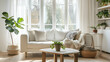 © roei - Bright Scandinavian Minimalist Living Room with Cozy White Sofa, Light Wood Accents, and Abundant Natural Light