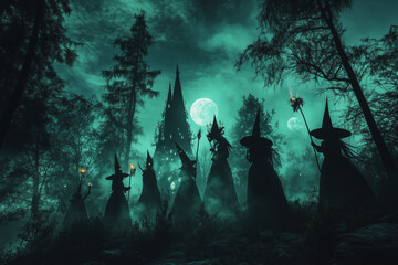 A mystical coven performs an ancient ritual under the moonlight