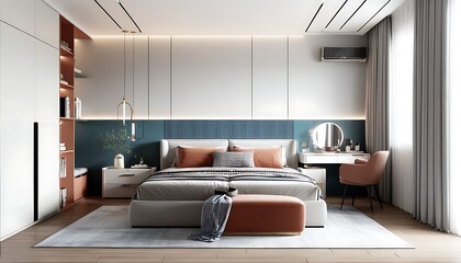 Modern and simple bedroom design with harmonious color scheme and elegant furniture.