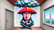 © ClaraCN - A cartoonish figure in a suit sits under a red umbrella, shielding from a raincloud above. The indoor setting contrasts with the outdoor rain.