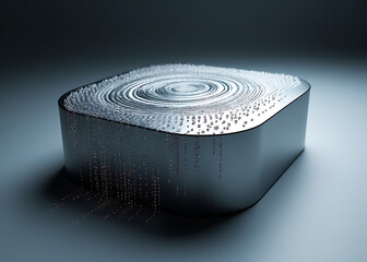 Poster - Sleek metallic design showcases swirling patterns made from quantum computing inspired qubits on top surface of podium concept.
