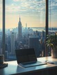 A sleek laptop sits on a stylish desk, overlooking the vibrant New York City skyline with the Empire State Building visible at sunset. Generative AI