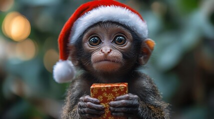 A cute monkey wearing a Santa hat holds a small gift box surrounded by festive decorations