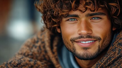 Wall Mural - A man with a beard and a smile is wearing a brown sweater. He is smiling and looking at the camera