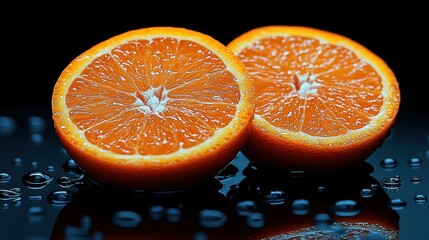 Two oranges are cut in half and placed on a table. The image has a calm and peaceful mood, as the oranges are not in motion and are simply resting on the table