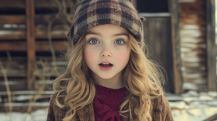 Wall Mural - A young girl with blonde hair and a plaid hat is standing in front of a wooden building