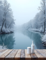 Poster - Winter lake aesthetics feature snowy trees, a wooden table for product placement, all created by generative artificial intelligence technology.