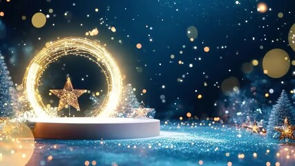 Wall Mural - white podium is standing on a blue surface with golden christmas stars hanging above and sparkling l