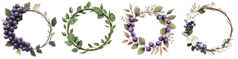 Set of four elegant grape vine wreaths on a white isolated background.