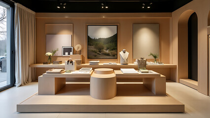 Aufkleber - Wooden platforms support minimalist product display with stone accents for a unique retail experience in upscale stores.