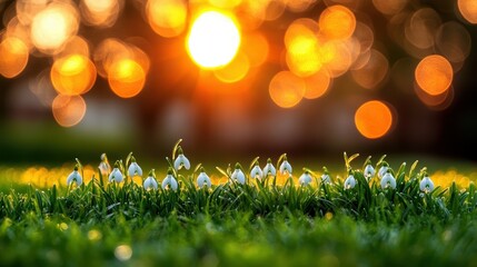Wall Mural - A field of white flowers with a bright sun in the background. The sun is setting, casting a warm glow over the flowers. The scene is peaceful and serene, with the flowers and sun creating a beautiful