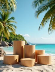 Poster - Wooden podium stands on tropical island for product display and events.