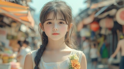 Wall Mural - A young girl wearing a white dress and a yellow flower in her hair. She is standing in front of a crowd of people