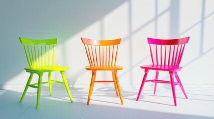 Poster - Three brightly colored wooden chairs arranged in a row