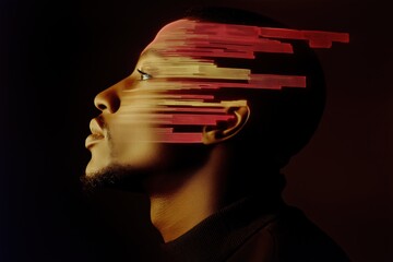 Poster - a man's face is shown with a red and yellow striping effect. concept of chaos and confusion, as if t