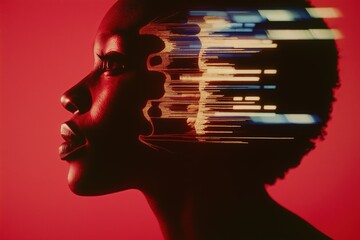 Poster - a woman's face is shown in a red background with a black and white pattern. the image is abstract an