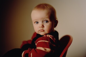 A baby is sitting in a chair with a red and black striped shirt. The baby has a blue eye and a red nose