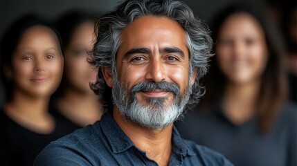 Canvas Print - A man with a beard and gray hair is smiling for the camera. He is surrounded by other people, but the focus is on him. Scene is happy and friendly