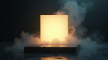 Aufkleber - A glowing square hovers near a dark platform with swirling smoke and reflected light everywhere.