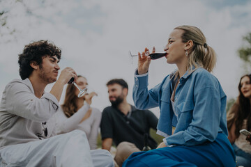 A group of multiracial friends relaxing and enjoying a picnic in nature, sipping wine together under a cloudy sky, capturing a moment of connection and leisure.