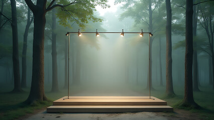Aufkleber - A misty forest backdrop holds an empty display stand for a new retail concept.