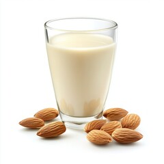 Wall Mural - A glass of creamy almond milk sits next to whole almonds. This image captures the smooth texture and nutritional benefits of plant-based milk. Perfect for health enthusiasts and vegan recipes. AI