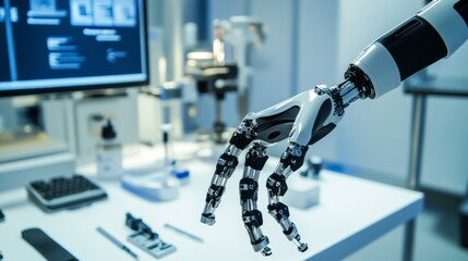 Poster - Robotic prosthetic limb testing laboratory, medical research facility with advanced robotic limbs and patient trials, Medical Technology style