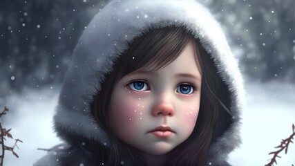 Canvas Print - portrait of little girl with sad expression in winter clothes in park during snowfall in winter