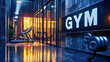 © URRMInc - 'Gym' sign above the building, boldly indicating a space for fitness and exercise, symbolizing strength, health, and dedication, set against a backdrop of modern architecture.