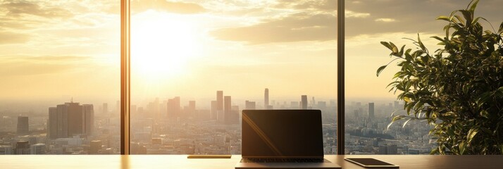 Poster - The warm sunlight streams through large windows, illuminating a laptop on a desk with a stunning city view at sunset. Generative AI