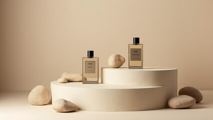 Aufkleber - Aesthetic perfume bottles sit on a stone podium with rocks against a beige wall creating a unique display setup.