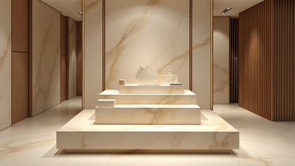 Poster - Beige natural stone podium creates elegant product display setup with a unique design element in various environments and settings.