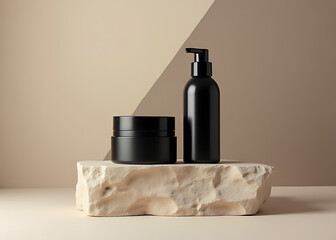 Aufkleber - Black cosmetic packaging sits on a natural stone podium with abstract geometry for a sleek product presentation design concept.
