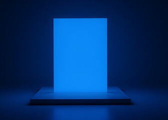 Poster - Blue light on square platform showcases tech products for display and advertisement purposes effectively on a dark background.
