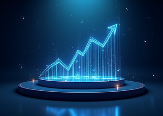Poster - Business concept features futuristic podium with glowing growth data paths, ample copy space for business and tech visuals.