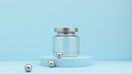 Poster - Clear glass jar on light blue platform holds silver lid with matching spheres in a modern minimalist design setup.