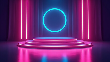 Poster - Colorful neon lights surround a modern 3D podium design in the background of the stage setup.