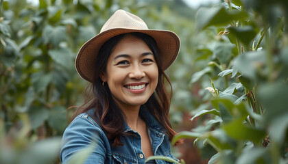 Portrait of female farmer who is cultivating soybean. She is satisfied with good progress of plants. Agricultural occupation isolated with white highlights, png